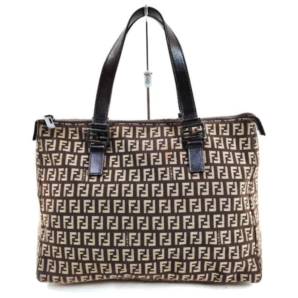 FENDI Zucchino Tote Bag Canvas Leather Brown